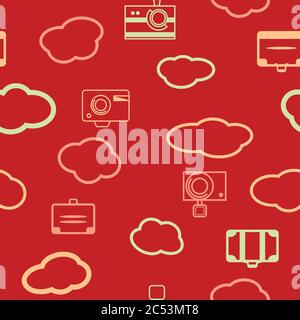 Red Vector Travel die Welt nahtlose Illustration mit Kamera, Koffer. Bunte Wiederholungsmuster Stock Vektor