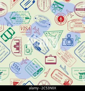 Bunte Vektor Pass Stempel. Nahtlose Illustration: Reisen Sie die Welt. Bunte Wiederholungsmuster Stock Vektor