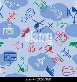 Blue Vector Reisen Sie die Welt mit Kamera, Hubschrauber, Wolken nahtlose Illustration. Bunte Wiederholungsmuster Stock Vektor