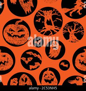 Vektor orange Hand gezeichnet halloween gruselige Silhouetten in Kreisen wiederholen Muster. Geeignet für Einladungskarte, halloween Party Poster oder Geschenkverpackung. Stock Vektor