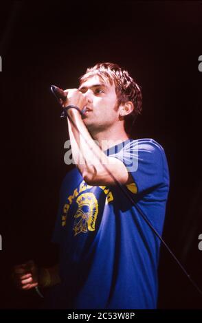 Blur beim Glastonbury Festival 1998, Worthy Farm Somerset, England. Stockfoto