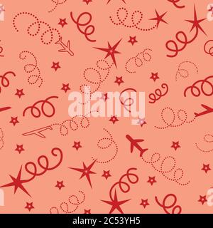 Cherry Red Vector Travel die Welt nahtlose Illustration mit Flugzeugen, Sternen. Bunte Wiederholungsmuster Stock Vektor