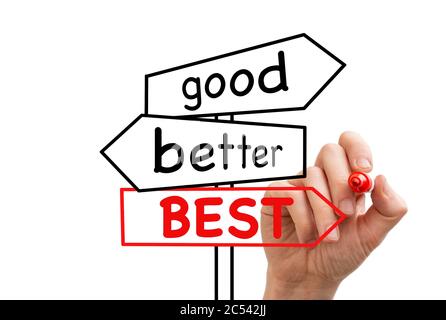 Gut, besser, am besten in der Hand gezeichnet Wegweiser auf Whiteboard. Stockfoto