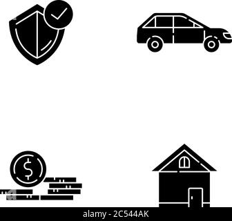 Versicherung schwarze Glyphen Symbole auf weißen Raum gesetzt Stock Vektor