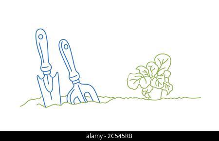 Gartengeräte. Gartenbau oder Pflanzkonzept. Vektordarstellung für die farbige Linienzeichnung. Stock Vektor