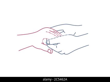 Hände halten die Hand. Zärtlichkeit. Vektordarstellung für die farbige Linienzeichnung. Stock Vektor