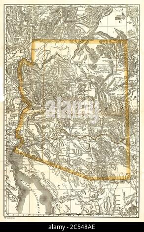 Indizierte Karte von Arizona mit Etappenlinien, Landkreisen, Seen und Flüssen. Stockfoto