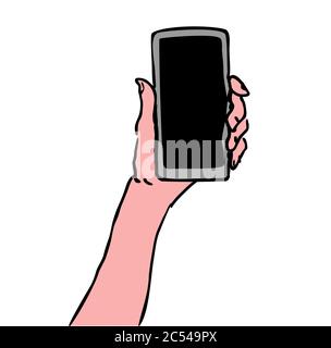Illustration der Frau Hand hält Smartphone mit leerem Bildschirm Stockfoto