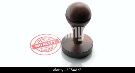 Qualitätssiegel. Holz- runde Gummi stamper und Stempel mit Text auf weißem Hintergrund. 3D-Darstellung Stockfoto