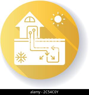 Geothermische Heizung und Kühlung gelb flaches Design lange Schatten Glyphe Symbol Stock Vektor