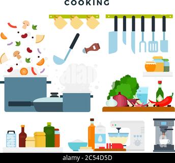 Eine Reihe von Abbildungen, die den Garvorgang zeigen. Zutaten und Küchenutensilien. Vektorgrafik. Stock Vektor