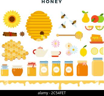 Honig und Imkerei, Ikone in flachem Stil. Bienen, Bienenstock, Honigwaben, Honig, Imkereiwerkzeuge, Blumen und Früchte, verschiedene Arten von Honig im Glas Stock Vektor