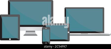 Elektronische Geräte auf weißem Hintergrund isoliert - Desktop-Computer, Laptop, Tablet und Mobiltelefone. Stock Vektor