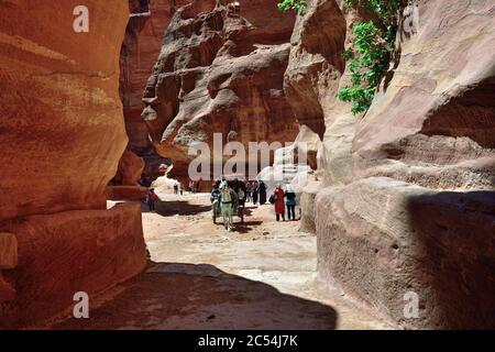 PETRA, JORDANIEN - APR 1, 2015: Siq Canyon in Petra. Touristen besuchen die Petra Tempel, Gräber, Theater und andere Gebäude sind über 400 sq verstreut Stockfoto