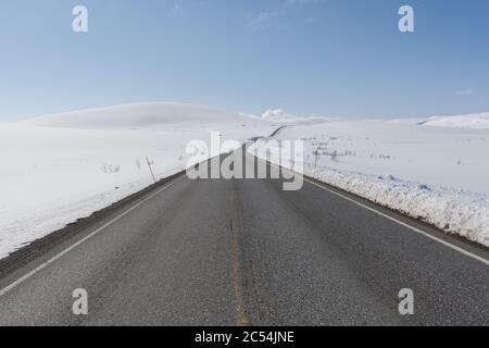 Winterlandschaft, Sennaland, Nord, Norwegen, Nordnorwegen, Winter, Schnee, kalt, blauer Himmel, Tageslicht, Wildnis, wild, still, Stille, Stockfoto