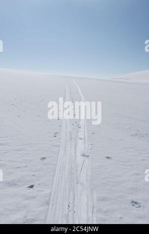 Winterlandschaft, Sennaland, Nord, Norwegen, Nordnorwegen, Winter, Schnee, kalt, blauer Himmel, Tageslicht, Wildnis, wild, still, Stille, Stockfoto