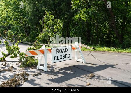 Straße geschlossen Schild mit Baum und Stromleitungen nach einem großen Sturm Stockfoto