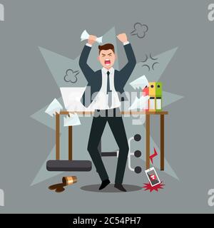 Stress am Arbeitsplatz. Furioser Geschäftsmann erlebt Nervenzusammenbruch oder professionelle Burnout im Büro, wirft Möbel und schreien, Vektor Stock Vektor