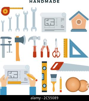 Handgefertigte Konzeptdarstellung. Arbeitswerkzeuge, Set. Machen Sie es selbst. Vektorgrafik in flacher Form. Stock Vektor