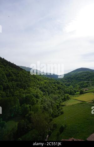 Wunderschöne Berge, die von Wäldern bedeckt sind und unter dem blauen Himmel glänzen Stockfoto