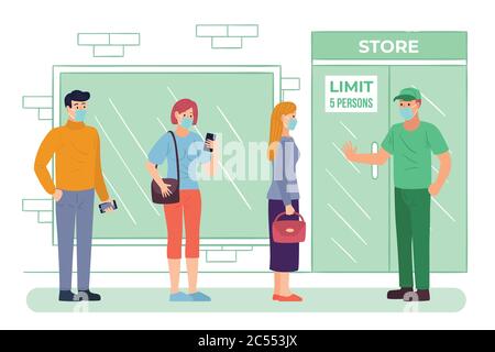 Menschen, die soziale Distanzierung im öffentlichen Verkehr, vor dem Betreten von Geschäften, in Kunstgalerie und an verschiedenen öffentlichen Orten zu stoppen Verbreitung covid19. Stock Vektor