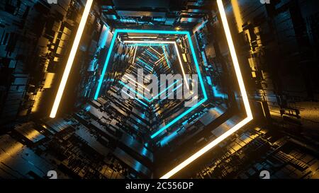 Raumschiff Korridor, sci-Fi Raumschiff Tunnel. Futuristische Technologie abstrakt nahtlose VJ für Tech-Titel und Hintergrund. Grafik für Internet, Geschwindigkeit. 3 Stockfoto