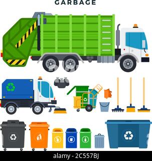 Müllabfuhr und Entsorgung, Set. Behälter für getrennte Abfallsammlung und Recycling. Alles für Müllabfuhr. Vektorgrafik. Stock Vektor