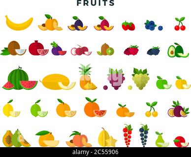 Große Menge von Früchten und Beeren, ganze und Scheiben. Kollektion „Fruit Icons“. Vektorgrafik in flacher Form. Stock Vektor