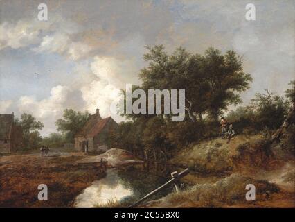 Isaack van Ruisdael - Pfad, der zu Bauernhöfen durch einen bewaldeten Bach führt Stockfoto