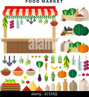 Bauernmarkt, Satz von Elementen. Lokaler Stallmarkt. Verkauf von Gemüse, Obst und Beeren. Frische Bio-Lebensmittel. Vektorgrafik in flacher Form. Stock Vektor