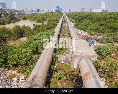Mumbai, Indien - 17. Dezember 2019: Eine dicke Pfeife in einer armen Gegend von Mumbai. Stockfoto