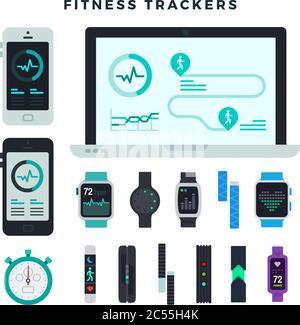 Fitness-Tracker verschiedener Art, eingestellt. Fitnessarmbänder, Smartwatches, mobile und Web-Apps zur Verfolgung Ihrer Aktivitäten. Flache Vektorgrafik Stock Vektor