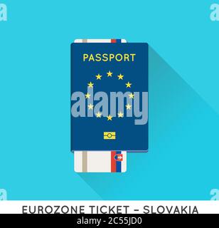 Eurozone Europa Pass mit Tickets Vektor Illustration. Flugtickets mit EU-Flagge. Stock Vektor
