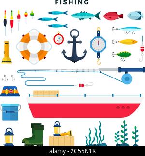 Alles zum Angeln, Satz von Elementen isoliert auf weiß. Vektorgrafik flach. Stock Vektor