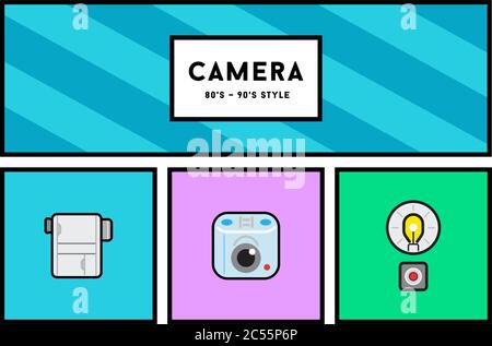 Vektor 80er oder 90er Jahre stilvolle Fotokamera Icon Set mit Retro-Farben Stock Vektor
