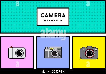 Vektor 80er oder 90er Jahre stilvolle Fotokamera Icon Set mit Retro-Farben Stock Vektor