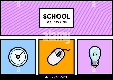 Vector 80er oder 90er Jahre stilvolle Schule Bildung Symbol Set mit Retro-Farben Stock Vektor