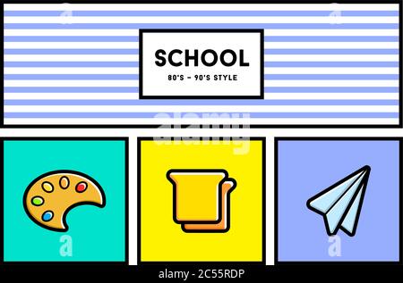 Vector 80er oder 90er Jahre stilvolle Schule Bildung Symbol Set mit Retro-Farben Stock Vektor