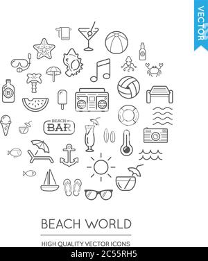 Vektor-Set von Beach Modern Flat Thin Icons in Runde Form eingeschrieben Stock Vektor