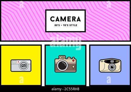Vektor 80er oder 90er Jahre stilvolle Fotokamera Icon Set mit Retro-Farben Stock Vektor