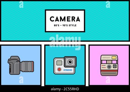 Vektor 80er oder 90er Jahre stilvolle Fotokamera Icon Set mit Retro-Farben Stock Vektor