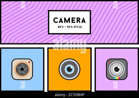 Vektor 80er oder 90er Jahre stilvolle Fotokamera Icon Set mit Retro-Farben Stock Vektor
