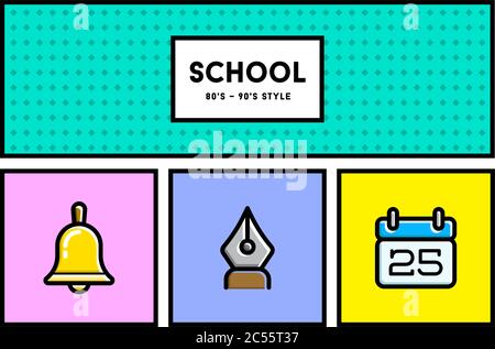 Vector 80er oder 90er Jahre stilvolle Schule Bildung Symbol Set mit Retro-Farben Stock Vektor