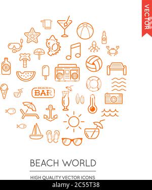 Vektor-Set von Beach Modern Flat Thin Icons in Runde Form eingeschrieben Stock Vektor