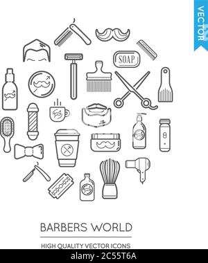 Vektor-Set von Barber Shop Modern Flat Thin Icons in Runde Form eingeschrieben Stock Vektor