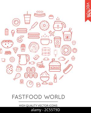 Vektor-Set von Fast Food Modern Flat Thin Icons in Runde Form eingeschrieben Stock Vektor