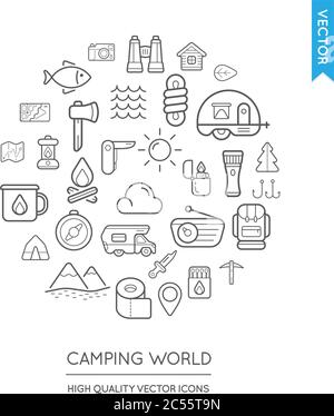 Vektor-Set von Camping Modern Flat Thin Icons in Runde Form eingeschrieben Stock Vektor