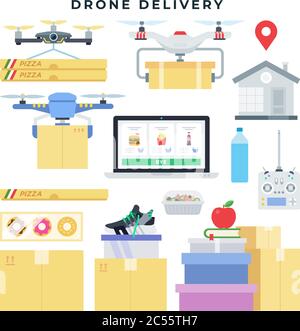 Drohnenlieferkonzept, Satz von Elementen. Drone liefert Pakete mit verschiedenen Waren. Vektorgrafik in flacher Form. Stock Vektor