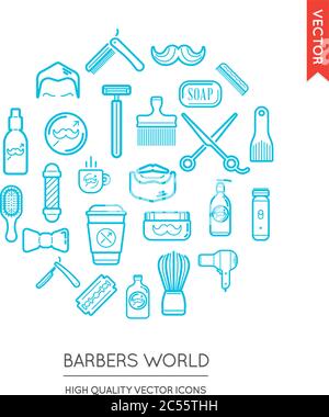 Vektor-Set von Barber Shop Modern Flat Thin Icons in Runde Form eingeschrieben Stock Vektor
