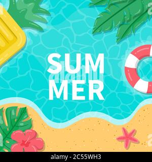 Sommer Hintergrund mit tropischen Blättern, Blumen und Ananas aufblasbare schwimmende Betten am Strand. Handgezeichneter Hello Sommer Hintergrund. Stock Vektor